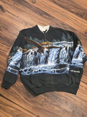 Vtg Art Unlimited Eagle Sweatshirt Henley Mock Neck Pockets Fort Robinson L